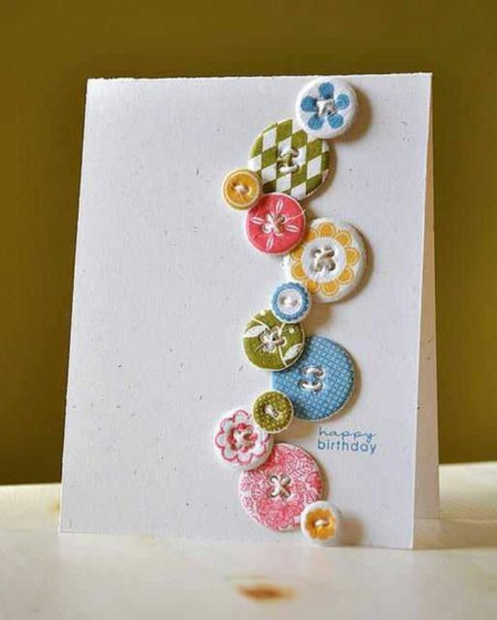 colourful patterned buttons, glued to white card stock, birthday card ideas for mom