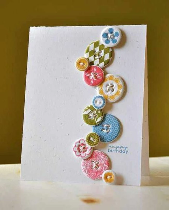 colourful patterned buttons, glued to white card stock, birthday card ideas for mom