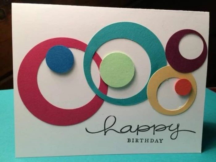 colourful circles, on white card stock, happy birthday inscription, birthday cards for boys