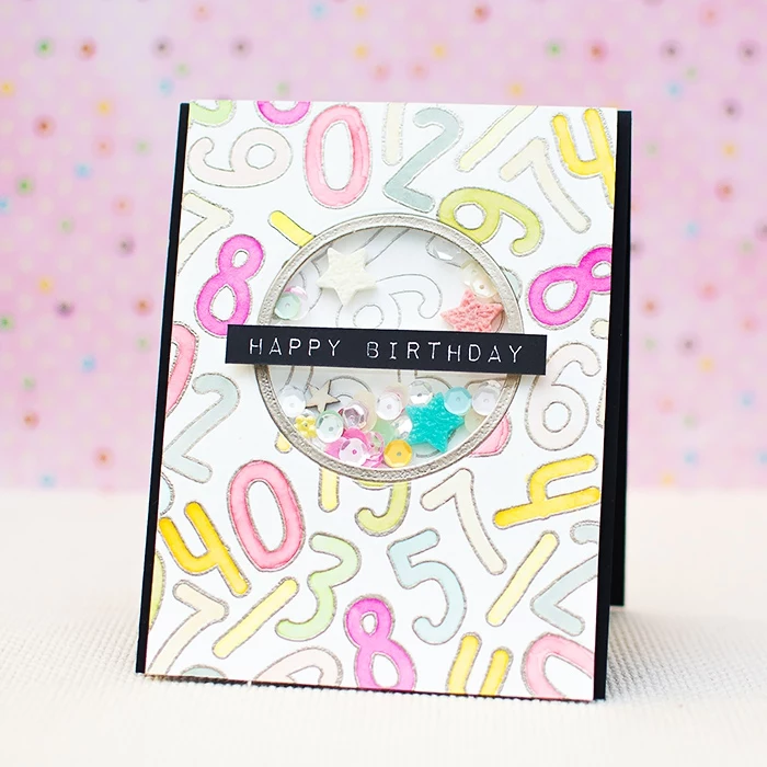 white card stock, numbers drawn on it, sequins inside, birthday cards for best friend, pink background