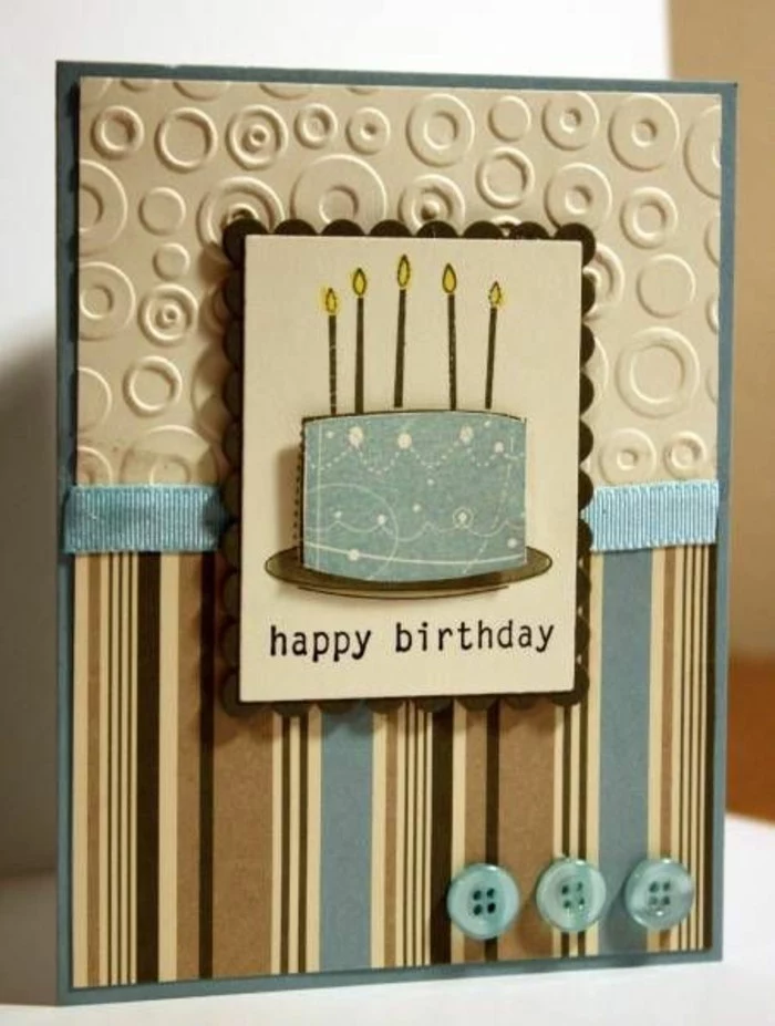 brown and blue card stock, birthday cards for boys, blue ribbon, cake with candles, blue buttons