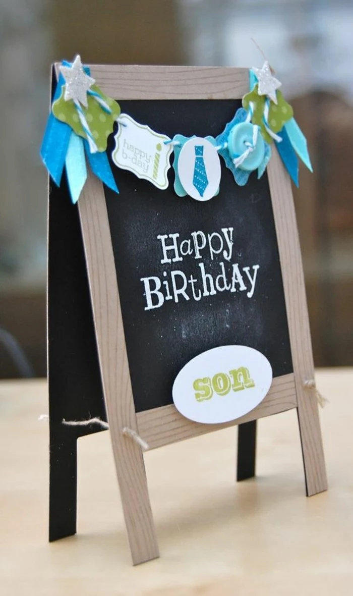 chalk board shaped, greeting card, colourful garland, birthday cards for boys