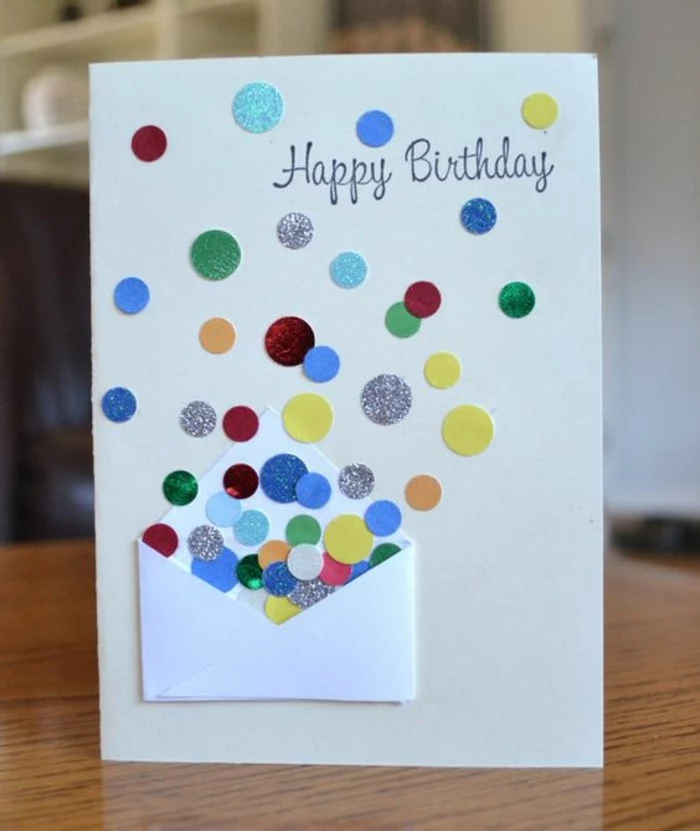 colourful confetti, coming out of a white envelope, birthday card ideas for dad, white card stock