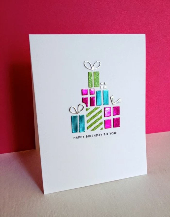 pink background, colourful gifts, on white card stock, cool birthday cards, happy birthday to you
