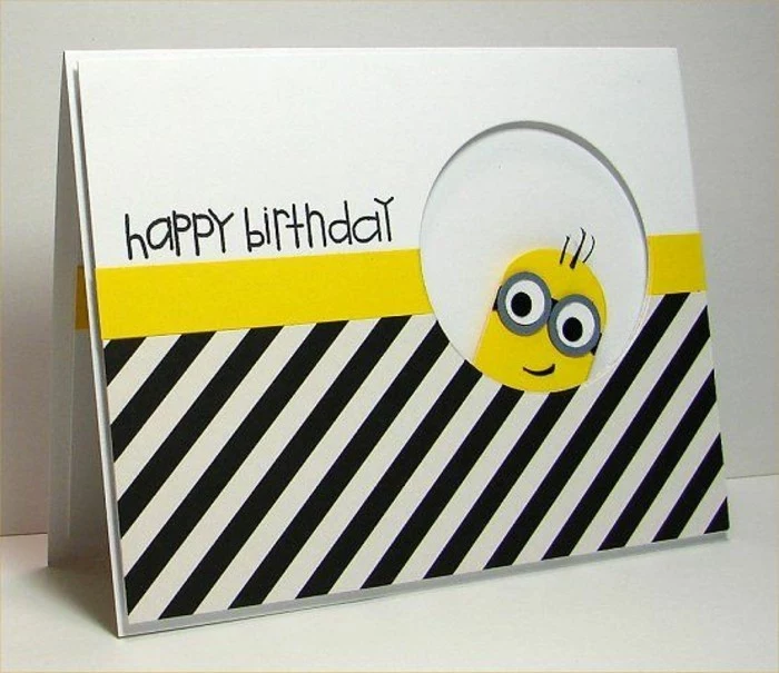 black and white stripes, minion inspired, greeting card, cool birthday cards, white card stock, yellow minion
