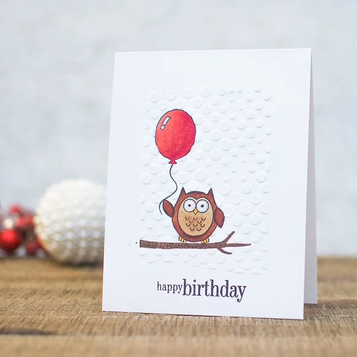 owl sitting on a tree branch, holding a red balloon, birthday cards for kids, white card stock