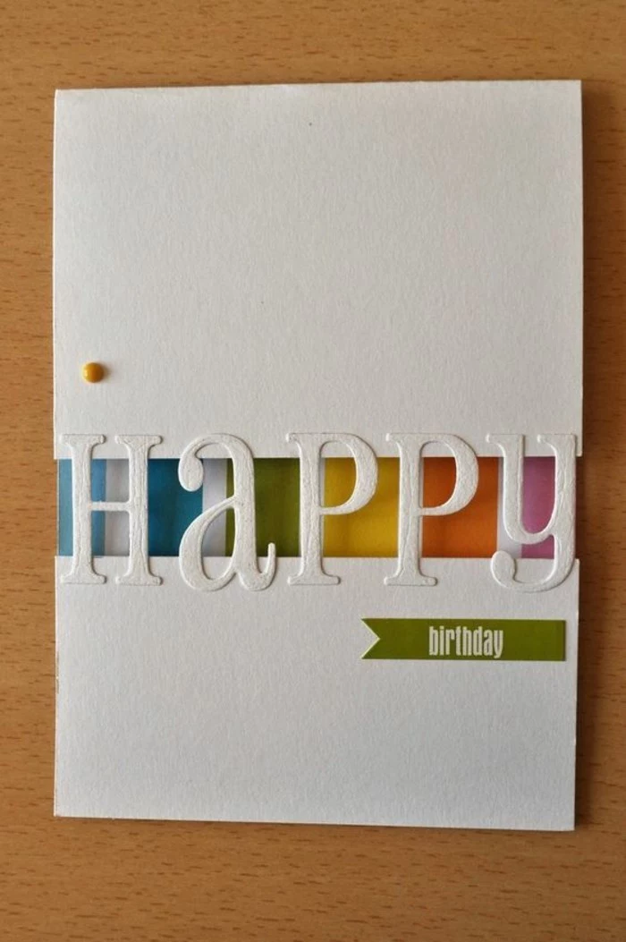 white card stock, rainbow coloured lines, happy birthday card ideas, wooden table