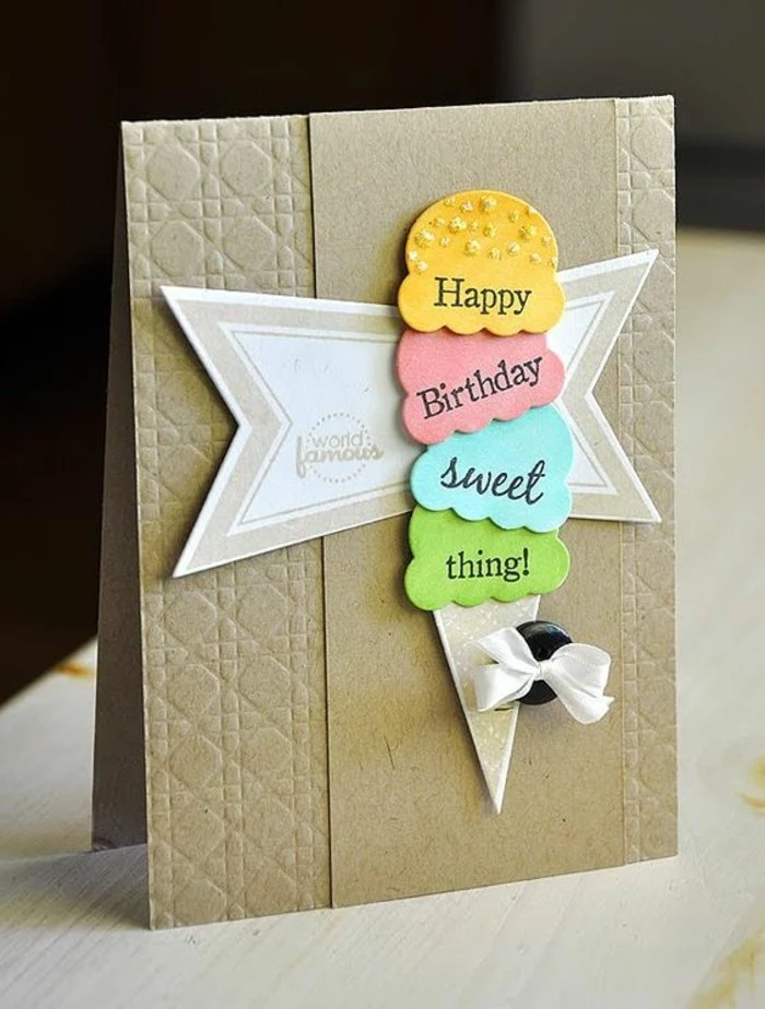 happy birthday sweet thing, ice cream cone, black button, white bow, happy birthday card ideas