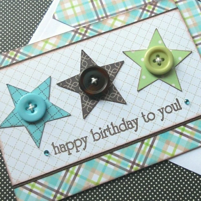 blue brown and green buttons, happy birthday card ideas, patterned stars, patterned card stock