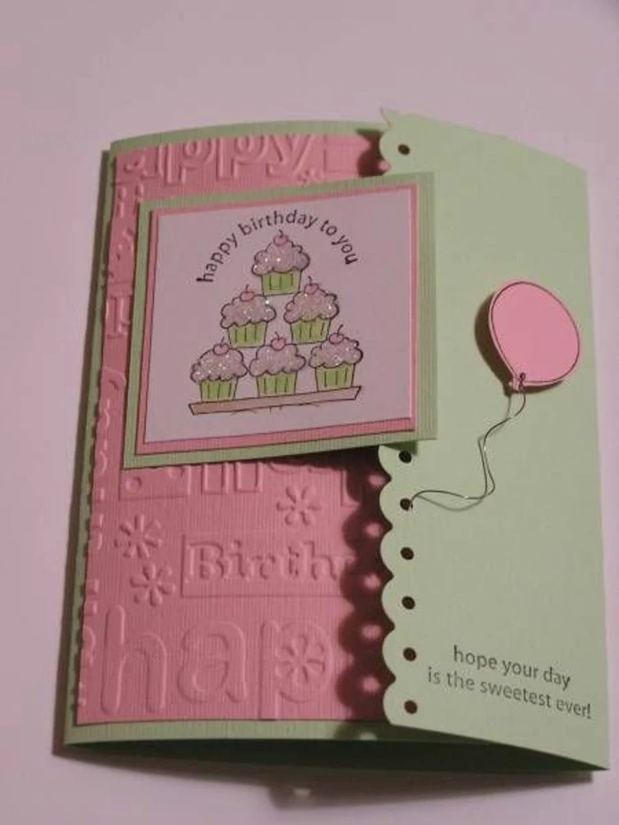 pink and green card stock, funny birthday cards for friends, stacks of cupcakes, pink balloon