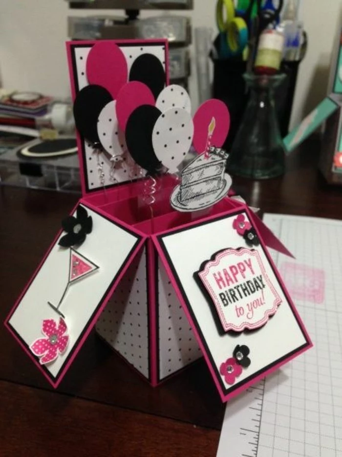 pink white and black card stock, funny birthday cards for friends, colourful balloons, coming out of a box