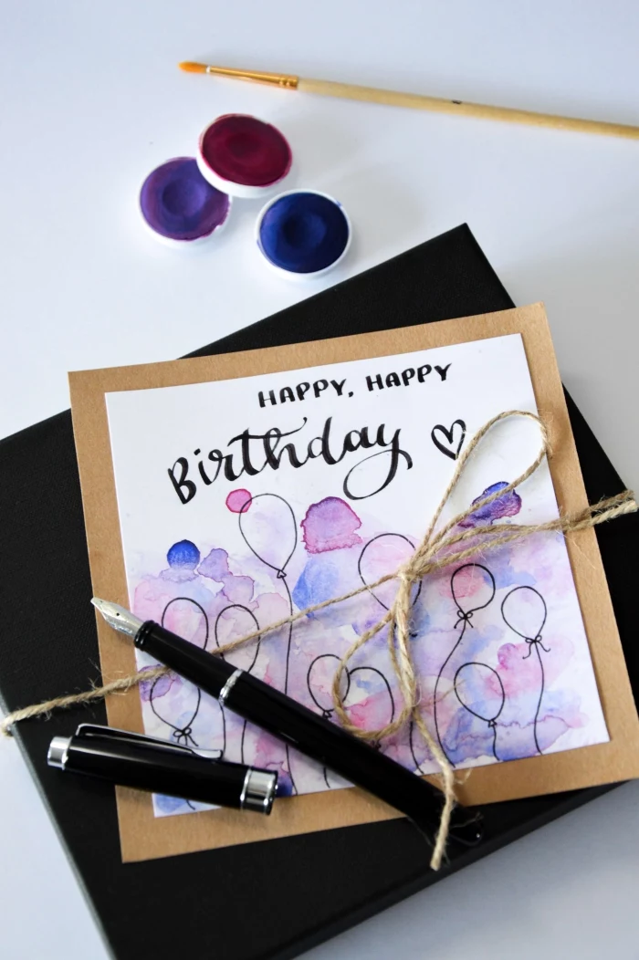 watercolour greeting card, black envelope, funny birthday cards for friends, black balloons