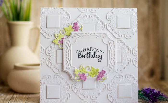 white card stock, happy birthday inscription, purple grape vines around it, homemade cards