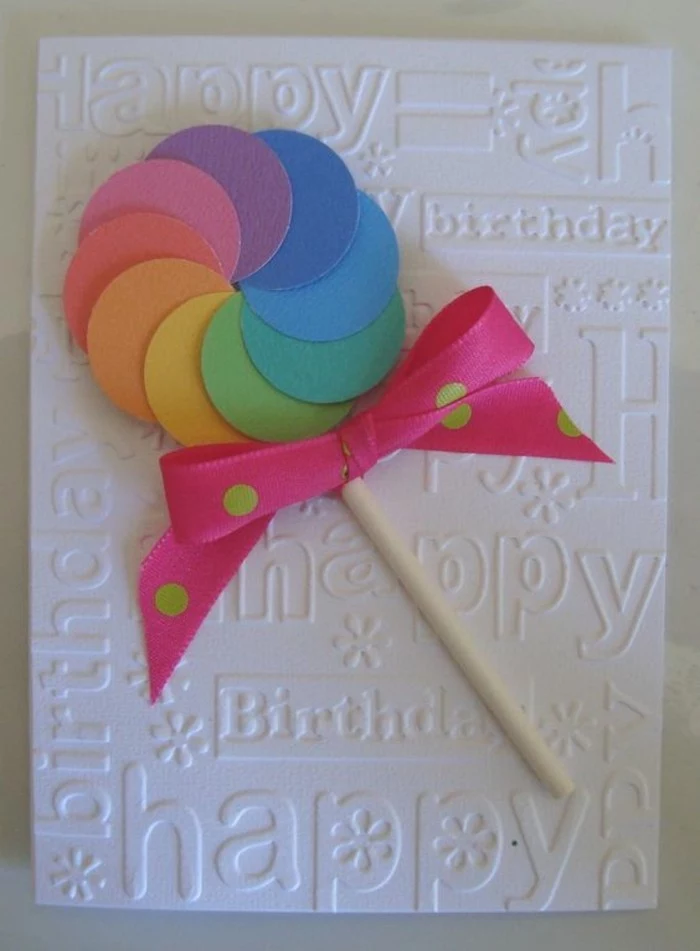 colourful lollipop, pink ribbon, with green dots, funny birthday cards for friends, white card stock