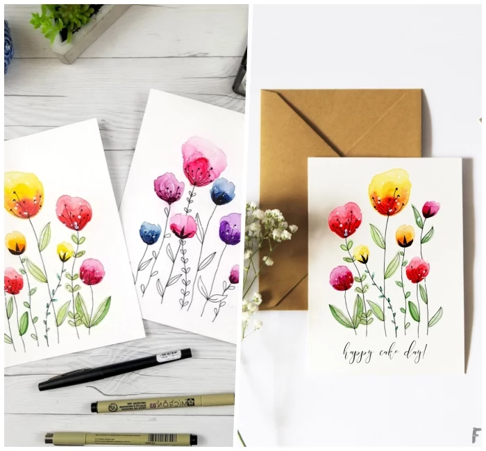 greeting cards, watercolour flowers, diy birthday cards, white card stock, white wooden table