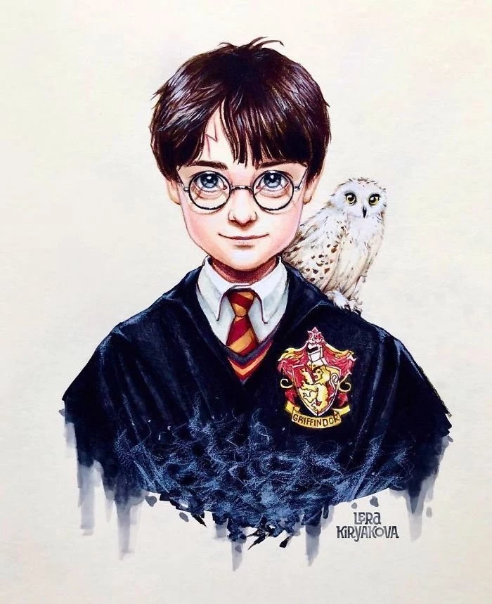 harry potter coloured portrait, hedwig on his shoulder, easy things to draw when your bored, gryffindor robe