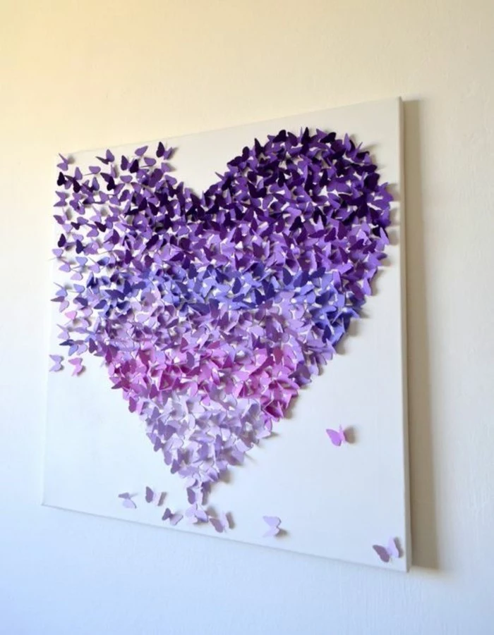 large white canvas, wall art ideas for living room, shades of purple butterflies, forming a large heart