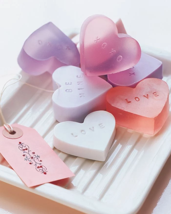 heart shaped soap, conversational hearts, in a white tray, diy christmas gifts for mom