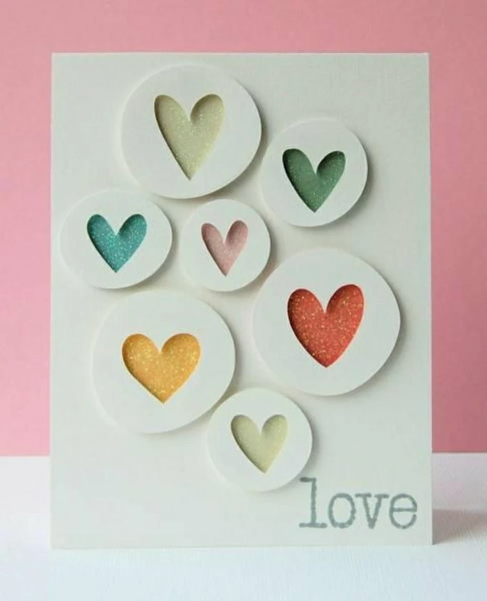 best birthday cards, colourful hearts, inside circles, on white card stock, love inscription, pink background