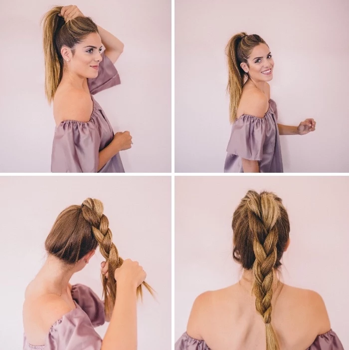 easy hairstyles for girls, girl wearing a purple satin top, high braid ponytail, brown hair, blonde ombre