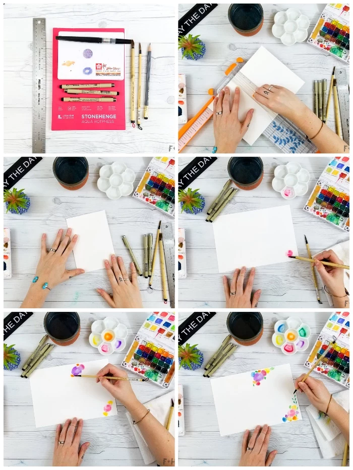 step by step, diy tutorial, funny birthday cards, white card stock, watercolour paint, white wooden table