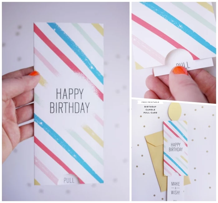 colourful lines, across white card stock, happy birthday pull card, cute birthday cards, yellow envelope