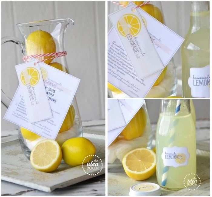 diy homemade lemonade, large water pitcher, lemons inside, lemonade recipe, what is a good housewarming gift