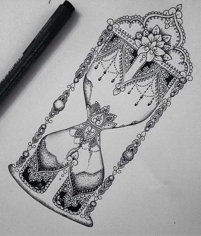 hour glass, mandala tattoo design, white background, black and white sketch
