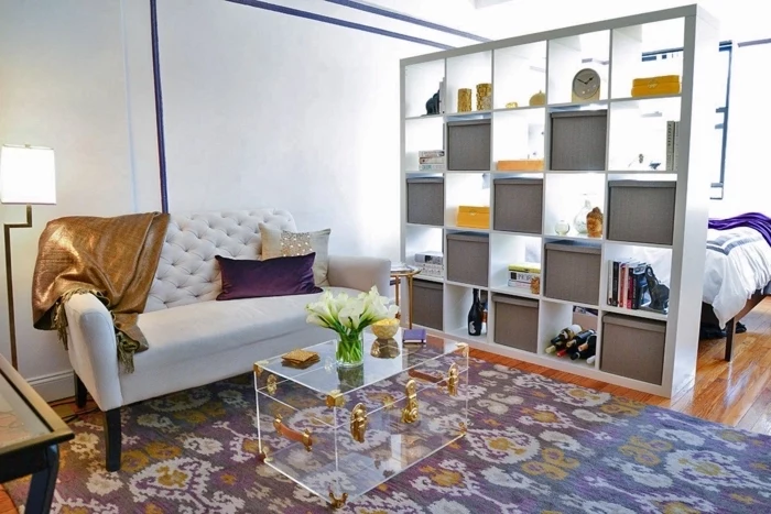 white bookshelf divider, white sofa, glass coffee table, in the shape of a suitcase, living room arrangements
