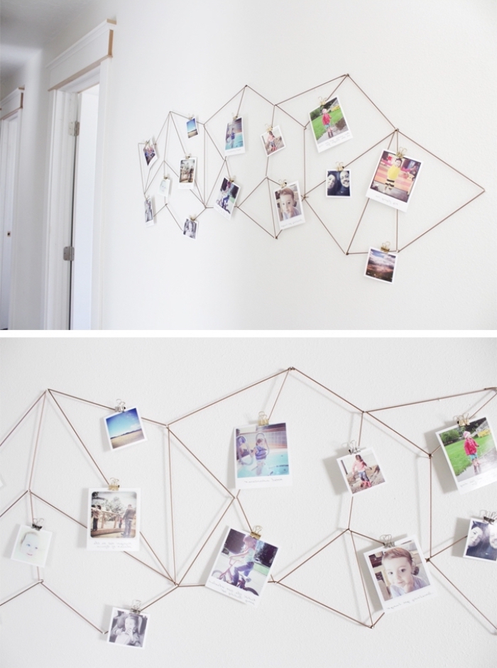 metal geometrical design, pinned photos to it, girl room decor ideas, hanging on a white wall