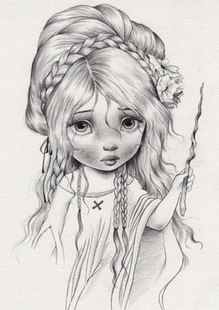 long wavy hair, with braids, how to draw lips, little girl, pencil sketch, in black and white