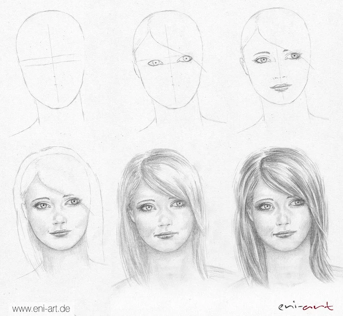 easy drawings step by step, how to draw a female face, diy tutorial, black and white, pencil sketch