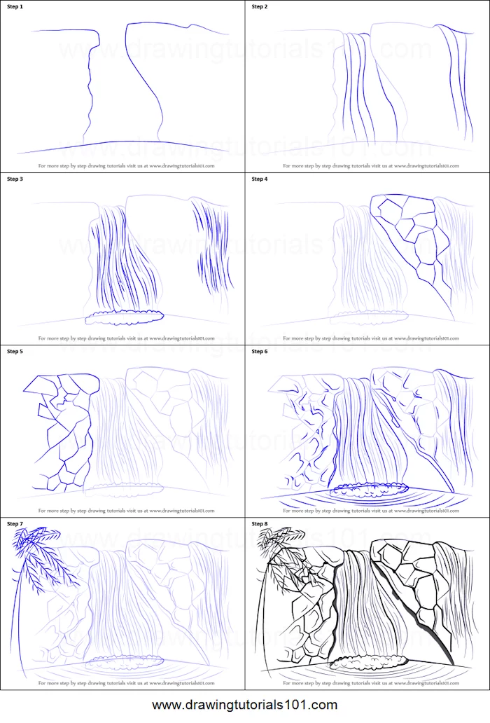 how to draw a waterfall, cute simple drawings, step by step, diy tutorial