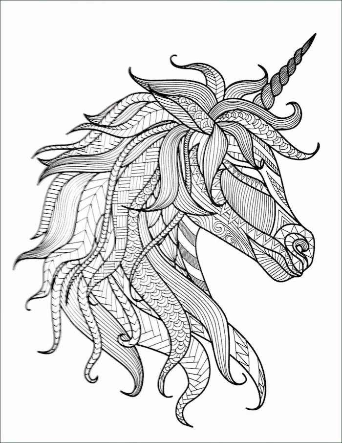 black and white sketch, of a unicorn, with geometrical shapes, easy things to draw for beginners