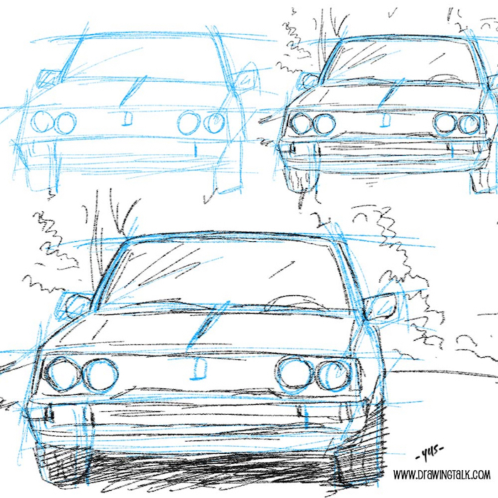 vintage car, easy drawing tutorials, step by step, diy tutorial, blue black and white, pencil sketch