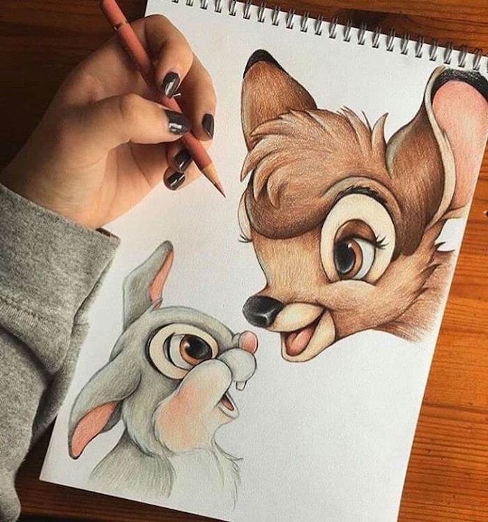 bambi inspired, coloured pencils drawing, easy things to draw for beginners, white background
