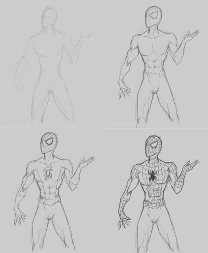 how to draw spiderman, how to draw step by step for beginners, diy tutorial, black and white sketch