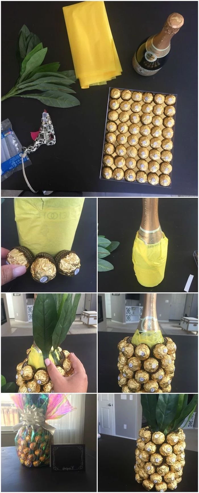 step by step, diy tutorial, unique housewarming gifts, diy pineapple, made of champagne bottle, ferrero rocher chocolates