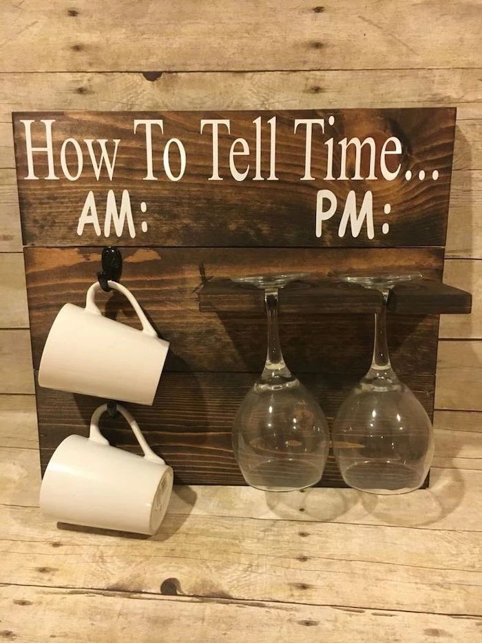 unique housewarming gifts, how to tell time, wooden board, wine glasses, coffee mugs