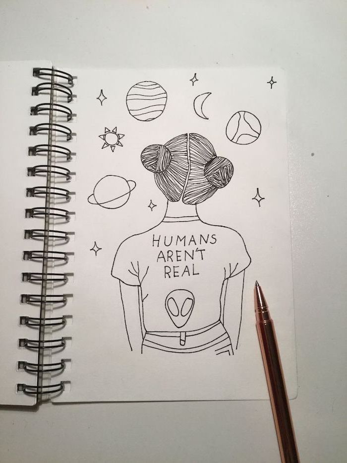 humans aren't real t shirt, girl staring, at the planets and stars, how to draw cool things