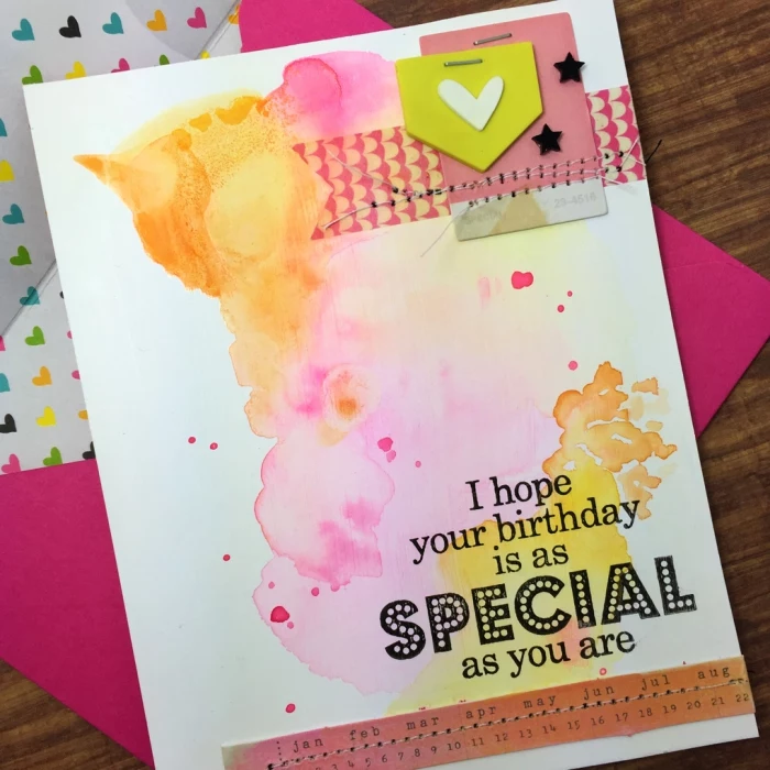 pink envelope, homemade cards, watercolour happy birthday card, pink orange and yellow colours