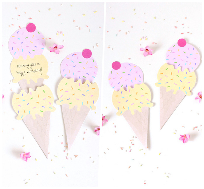 side by side photos, ice cream cone, greeting cards, birthday card ideas, sprinkles and flowers