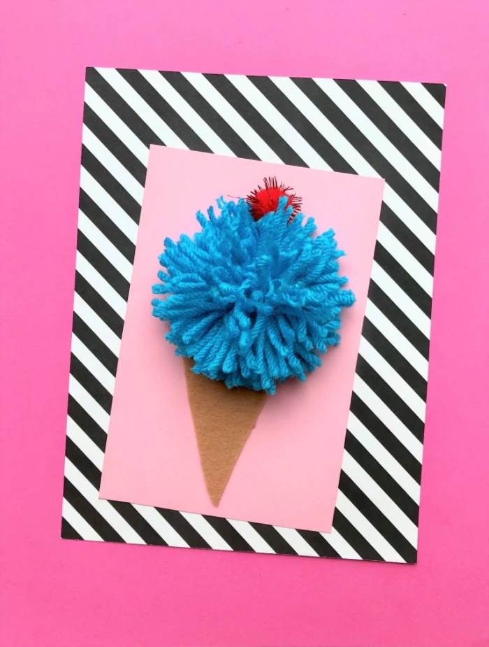 ice cream cone, made with blue yarn, handmade birthday cards, pink card stock, pink background