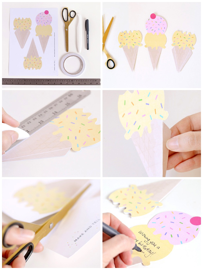 birthday card ideas, step by step, diy tutorial, ice cream cone, greeting card, golden scissors, white background