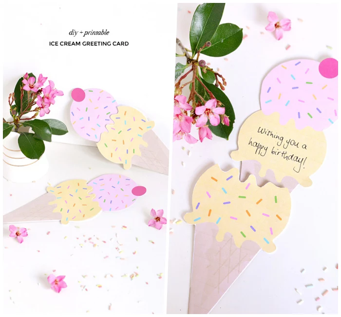 ice cream cone, shaped greeting card, birthday card ideas, pink flower, white background