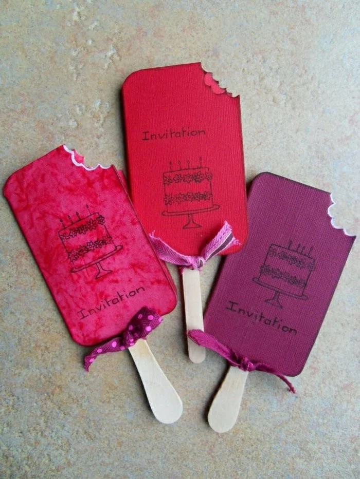birthday invitations, in the shape of ice cream, wooden sticks, best birthday cards, purple pink and red