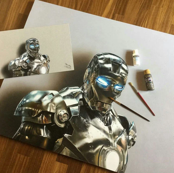 cool things to draw, iron man, 3d art, metal armour, painted with acrylic paint, on white background