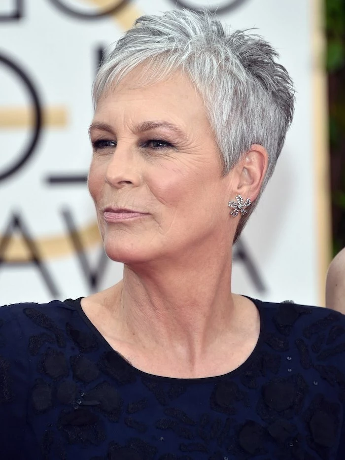 jamie lee curtis, navy blue dress, pictures of short haircuts, grey hair, pixie cut