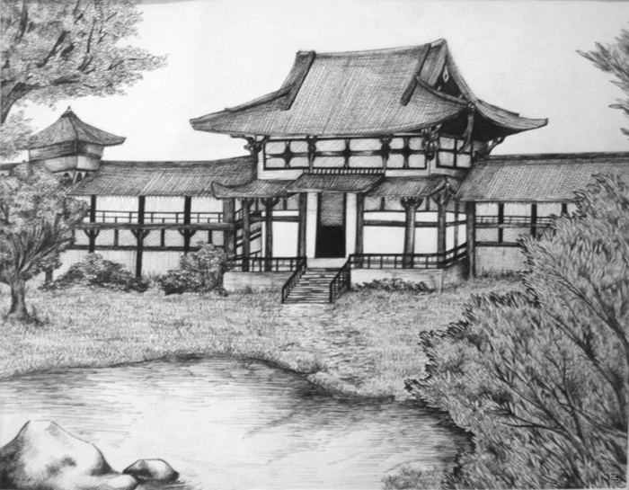 japanese style house, how to draw people, black and white, pencil sketch, trees and a lake
