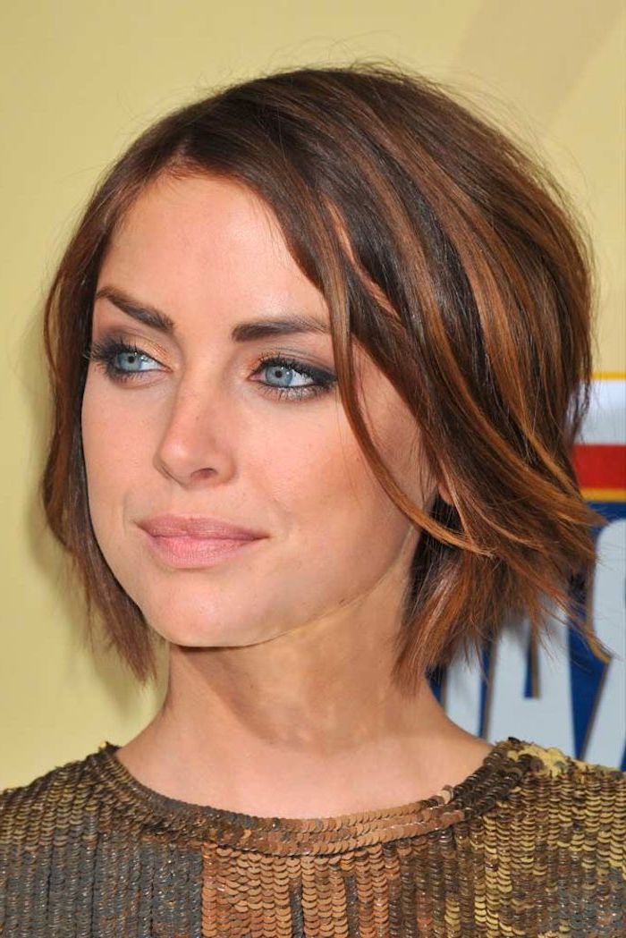 gold sequinned top, brown hair, short hairstyles with bangs, jessica stroup